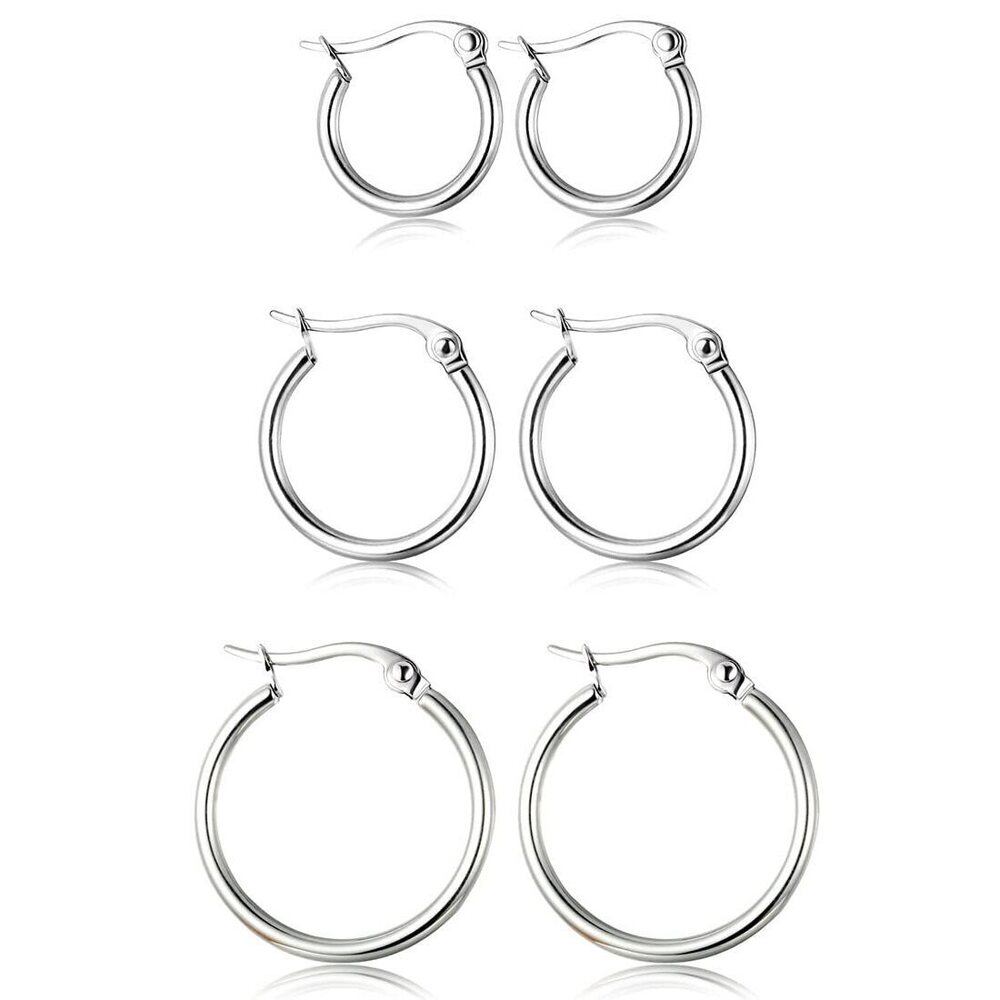 3 Pairs Stainless Steel Silver Hoop Earrings for Women Cute Huggie hoops